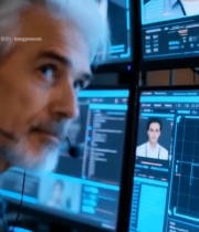  白发男子操作多屏幕电脑5194#竖屏 	 