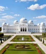  白色圆顶建筑前花园喷泉景观5027#竖屏 	 