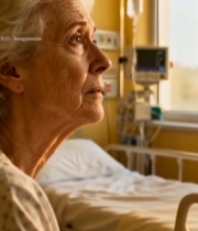  病房中老人侧坐看向窗外7321#竖屏 	 