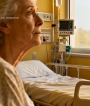  病房中老人侧坐看向窗外7321#竖屏 	 