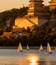  北京颐和园黄昏湖景帆船画面4959#竖屏 	 