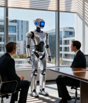  办公室内机器人与商务人士交流89#竖屏 	 