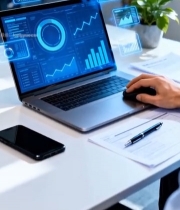  办公人员操作笔记本电脑查看数据1396#竖屏 	 